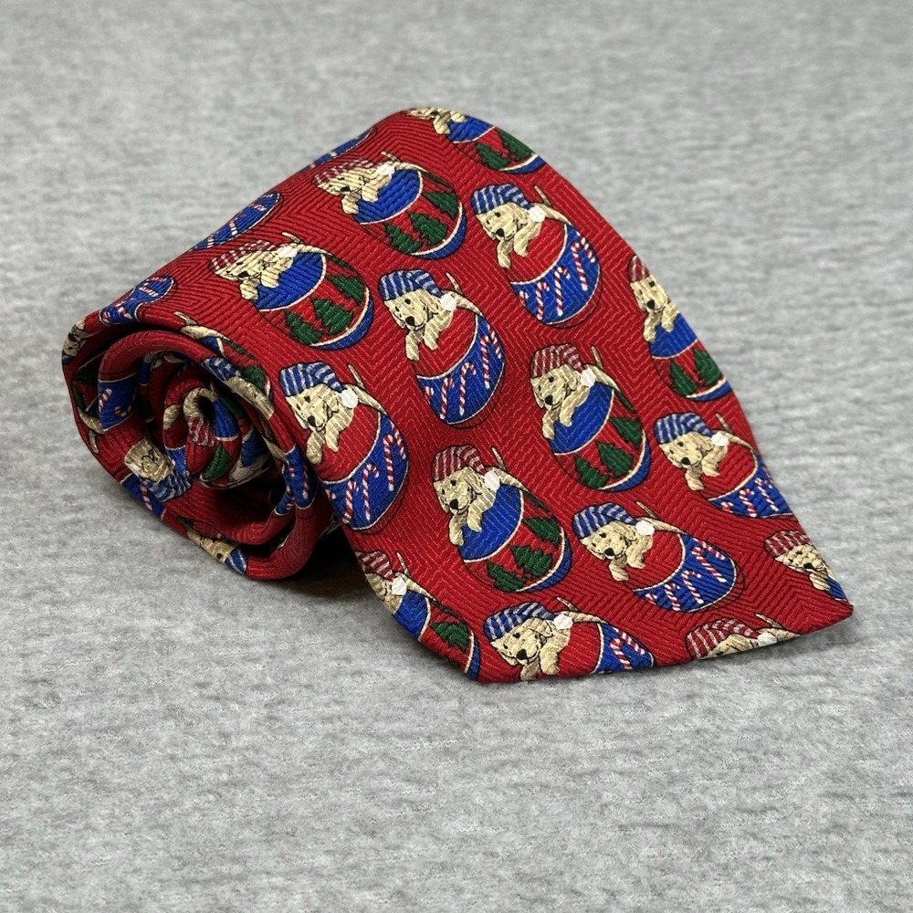Vintage FN Christmas Puppy‎ Dog Tie Red Holiday Novelty Silk Mens USA